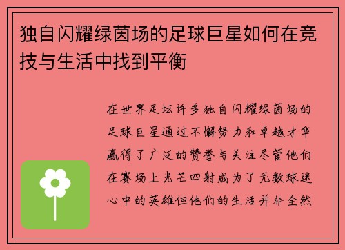 独自闪耀绿茵场的足球巨星如何在竞技与生活中找到平衡